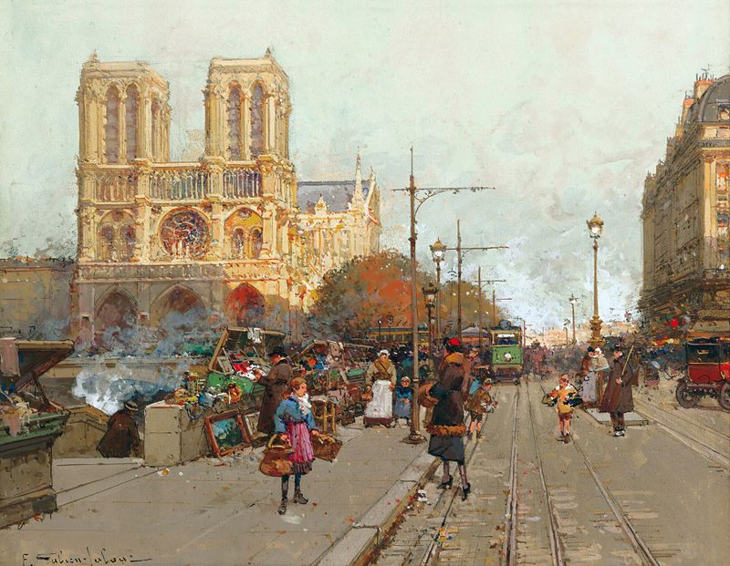 Notre Dame De Paris, Vue Du Quai De Montebello by Eugène Galien-Laloue, oil painting