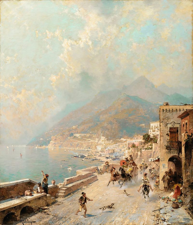 View of Amalfi de Franz Richard Unterberger, óleo sobre lienzo que representa un paisaje costero con flores silvestres.