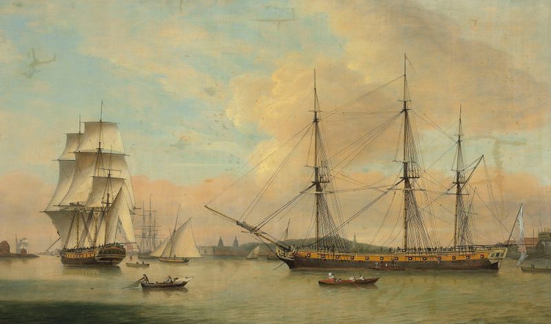 Marine oil painting by Thomas Luny depicting the Monsieur at Deptford dockyard