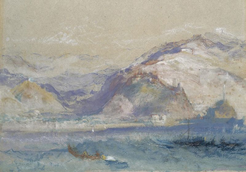 Genoa From The Sea, óleo de Joseph Mallord William Turner, que representa un paisaje marino al amanecer.
