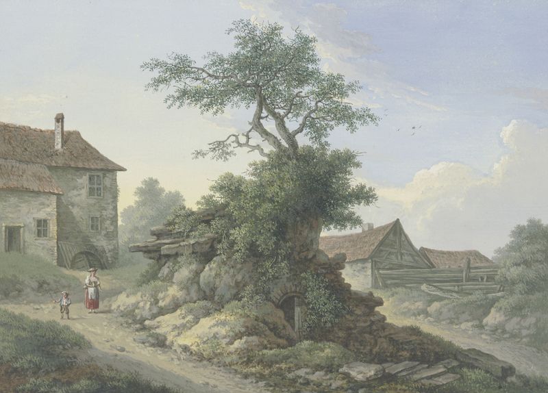 Landscape oil painting by Karl Franz Kraul featuring a tree on ruins