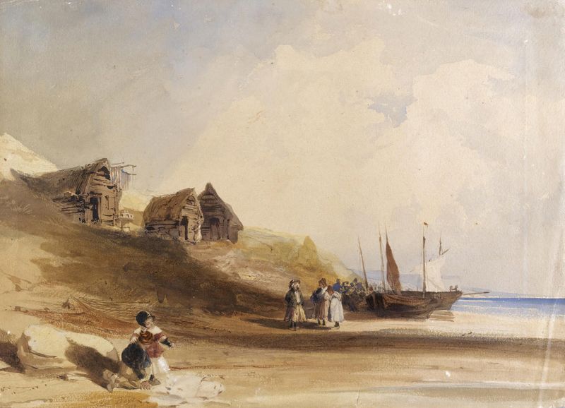 Cena costeira francesa com figuras, barcos e cabanas de pesca, óleo de Thomas Shotter Boys