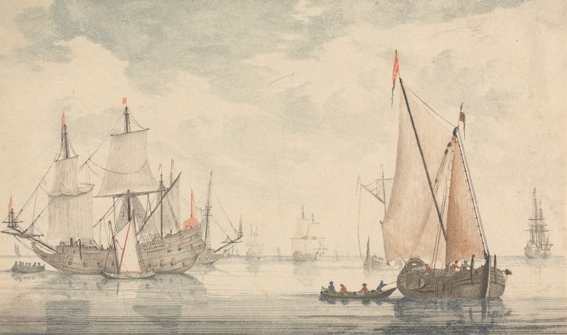 Escena marina con barcos al amanecer, óleo sobre lienzo de Johann Teyler