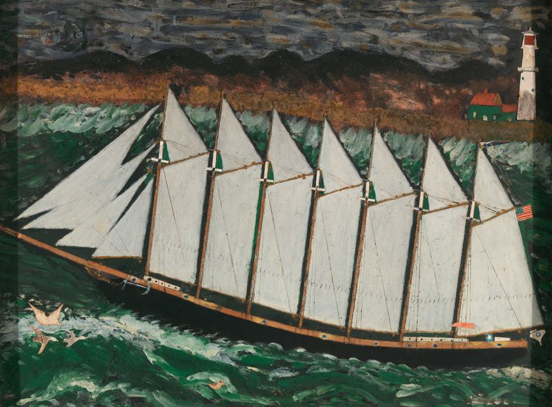 Retrato de Thomas W. Lawson, óleo sobre tela de um artista desconhecido, retratando um navio no mar sob um céu nublado.