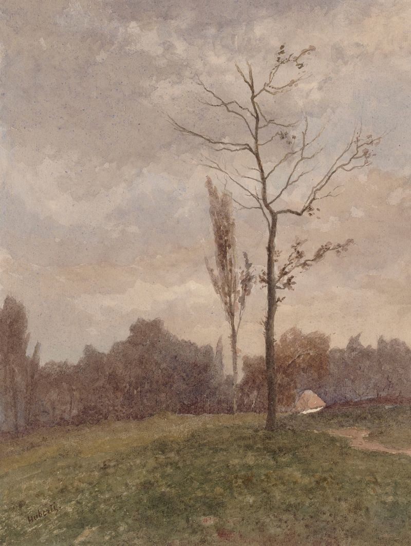 Paisaje de Edouard Jules Joseph Huberti, óleo sobre lienzo que muestra un horizonte sereno con vegetación y luz dorada.