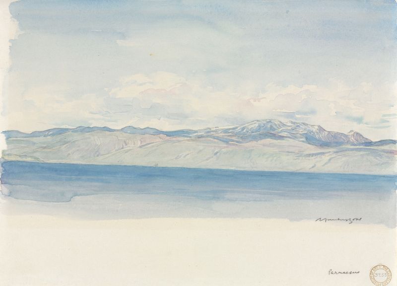 Gravura Parnassus de Muirhead Bone mostrando uma paisagem vibrante com montanhas e um horizonte onírico.