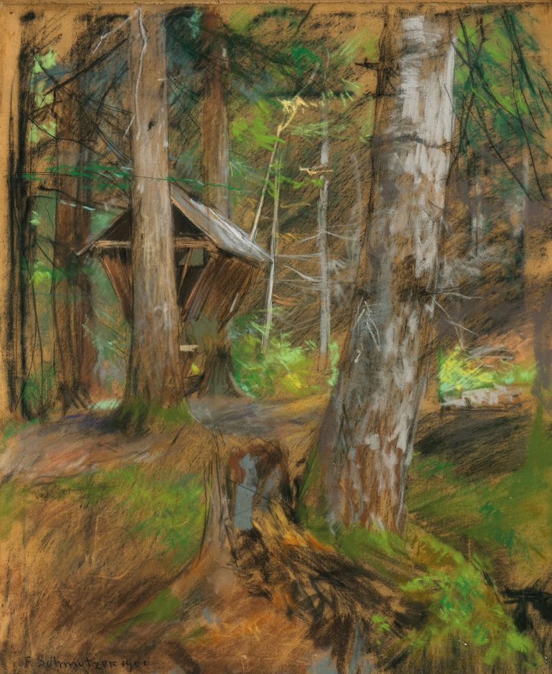 Forest floor and manger de Ferdinand Schmutzer, óleo sobre tela mostrando verdes vibrantes e jogo de luz.