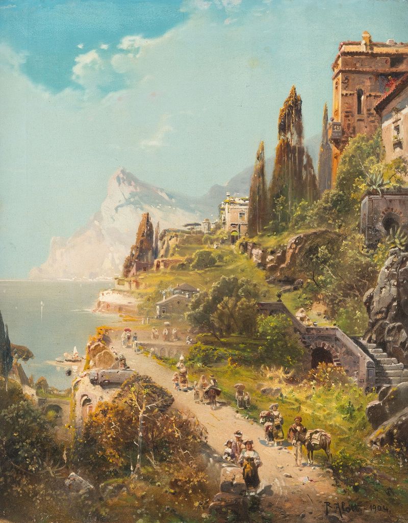 Riviera di Levante oil painting by Robert Alott depicting a serene coastline with gentle waves.