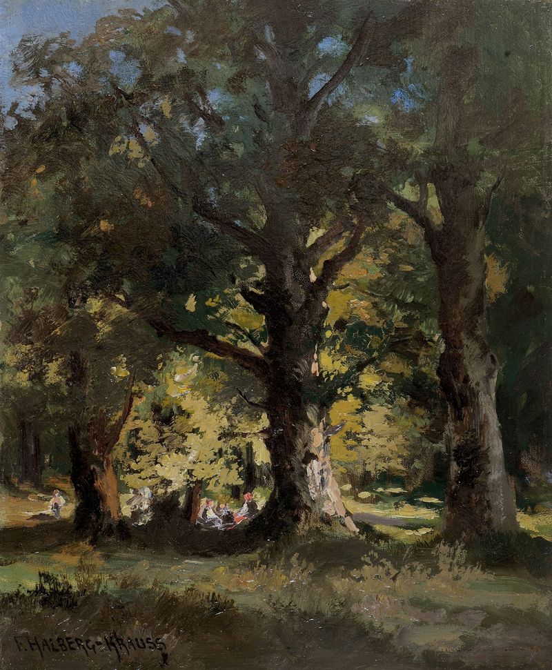 Escena de género que muestra un picnic en el bosque de Fritz Halberg-Krauss, pintura al óleo