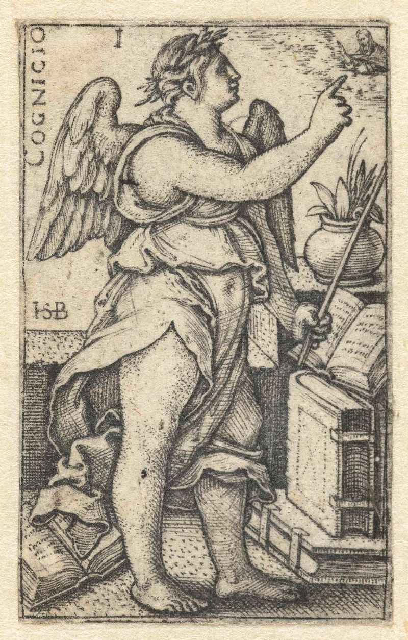 Grabado de Hans Sebald Beham que muestra una figura comprometida con un libro, tonos cálidos.