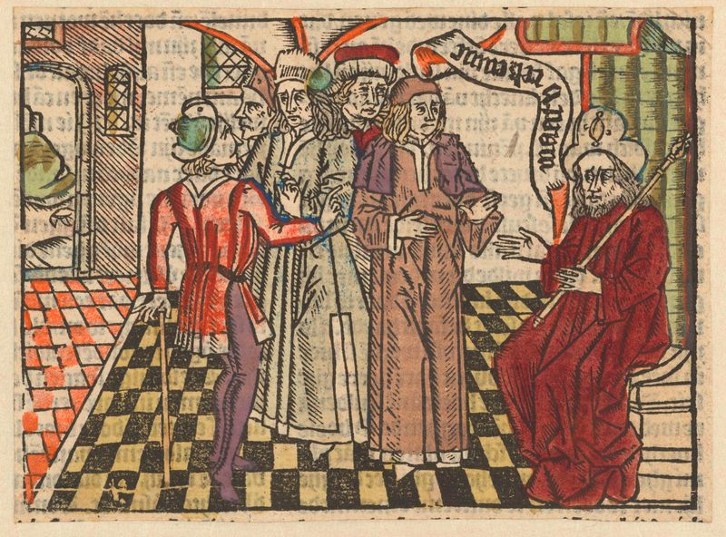 Religious scene with a king and servant, oil on panel by Meester van Antwerpen