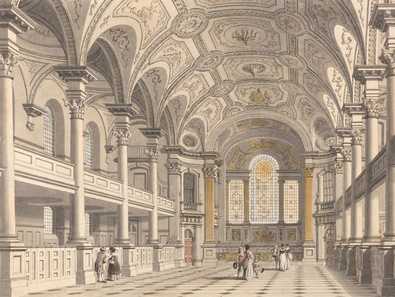 Interior of St. Martin-in-the-Fields by Thomas Malton the Younger, Gothic architecture, stained glass, light