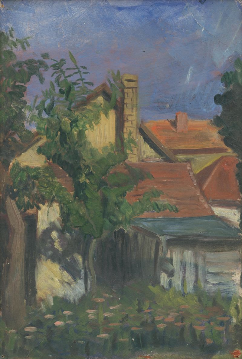 Expressionismo abstrato de Ján Thain, apresentando telhados vermelhos em uma paisagem urbana.