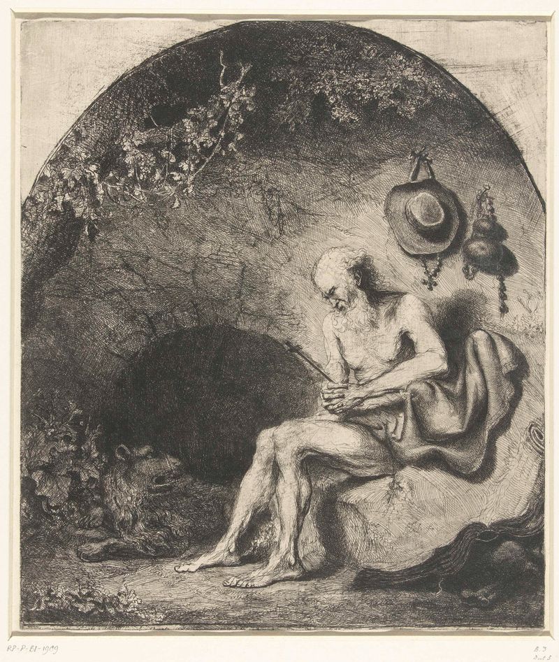 Hieronymus sentado em uma gruta, gravura de Ferdinand Bol