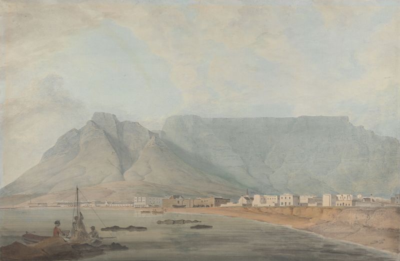 Cape Town de Samuel Davis, óleo sobre lienzo que muestra un paisaje urbano sereno bajo un cielo cobalto.