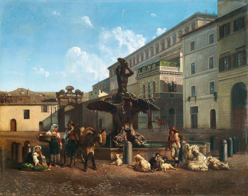 Arquitetura da Piazza Barberini, óleo sobre tela de Carl Max Gerlach Quaedvlieg