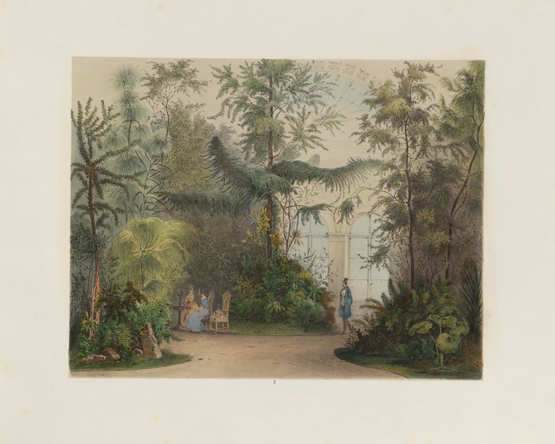 Interior scene of a winter garden with figures and light by Franz Antoine, oil painting