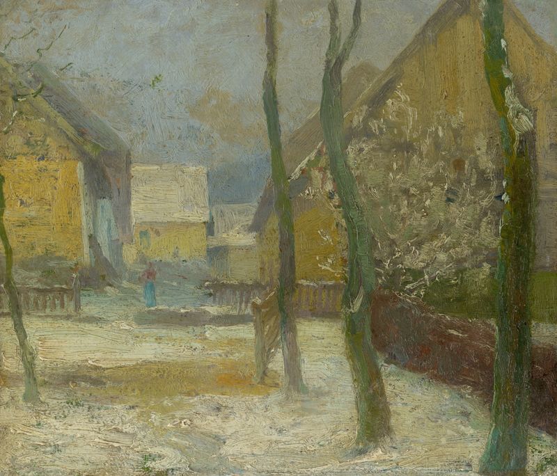 Winter courtyard scene by Ľudovít Čordák, oil painting