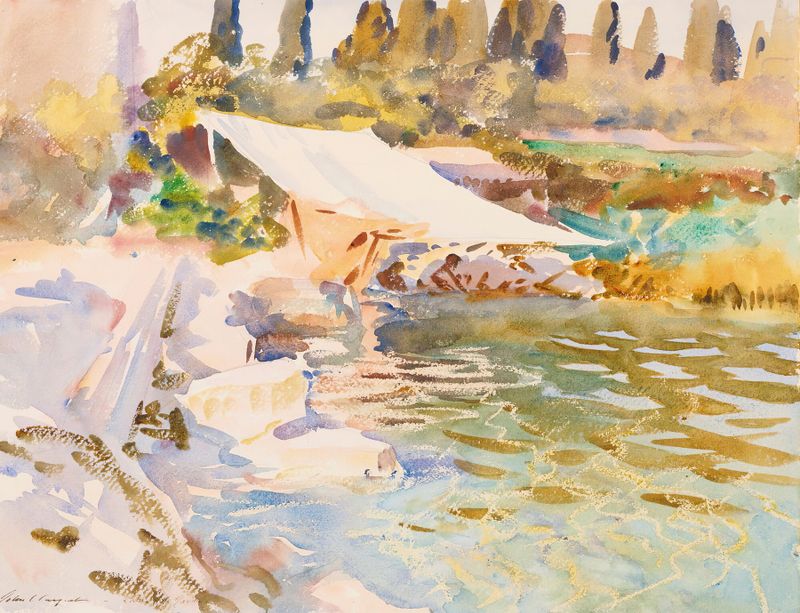Lake Garda by John Singer Sargent, oil painting of a tranquil lake with reflections.