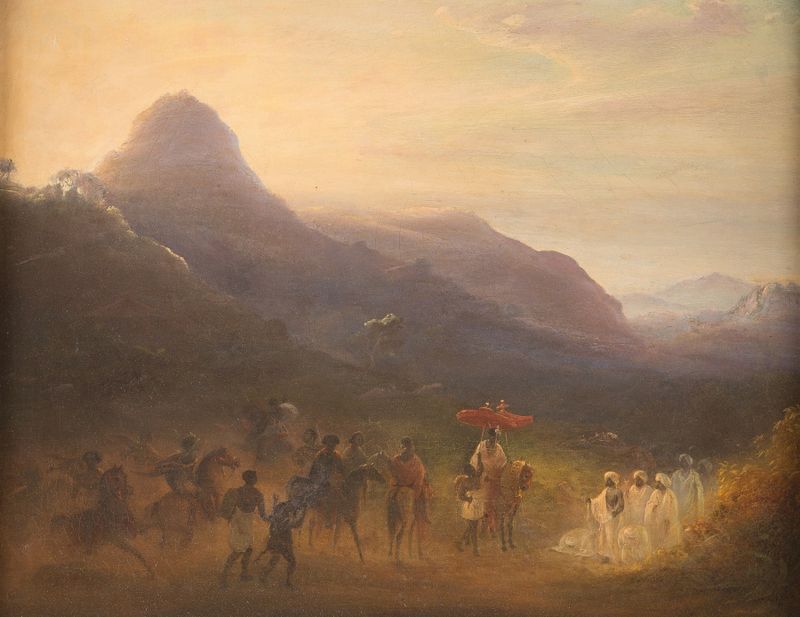 Oriental Scenery de Johann Martin Bernatz, pintura a óleo que retrata uma margem tranquila com luz suave.