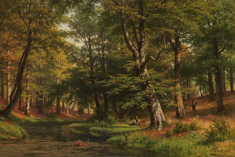Escena de género de mujeres recolectando ramitas en un bosque de hayas, pintura al óleo de Fritz Ebel