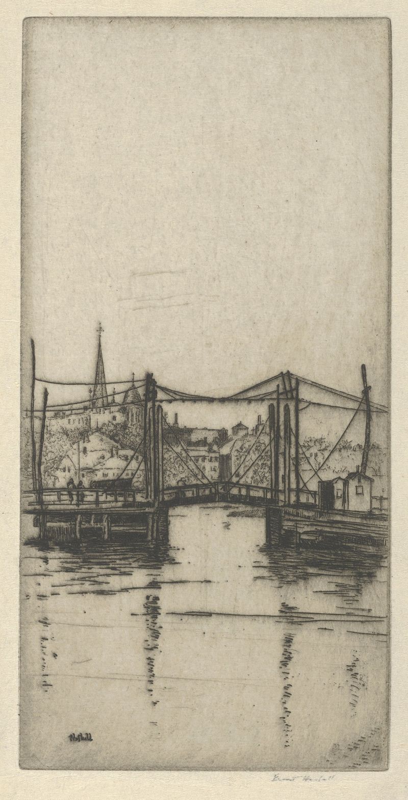 Drawbridge de Ernest Haskell, acuarela sobre papel que representa un puente sobre un abismo con vegetación exuberante.