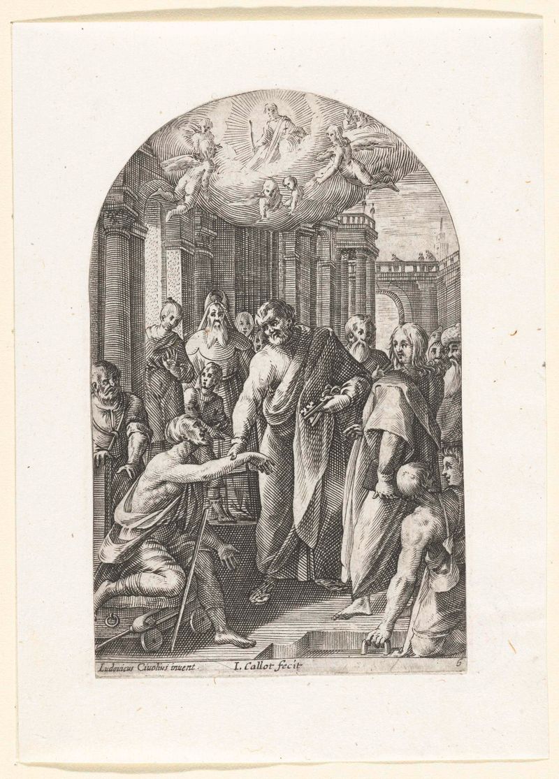 Gravura de Jacques Callot mostrando Pedro e João curando um homem aleijado na porta do templo.