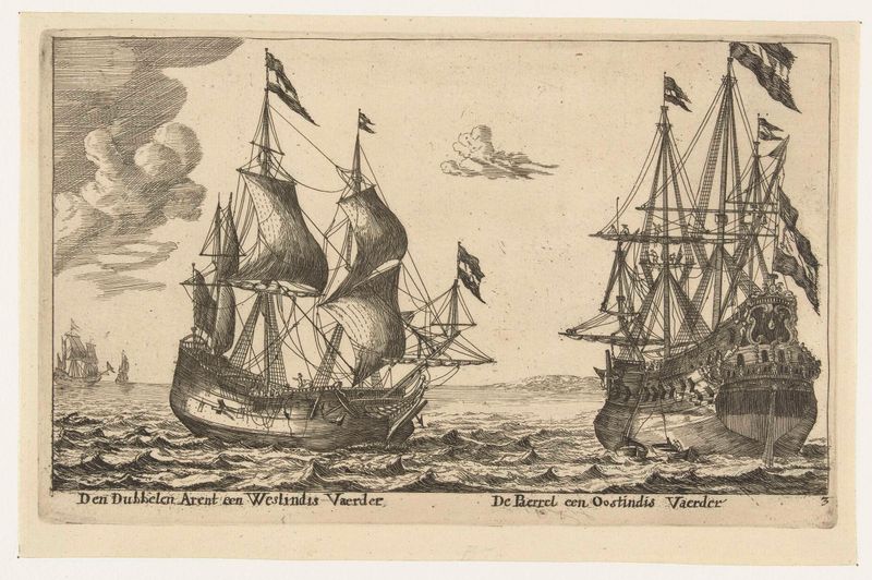 Grabado de dos barcos, De Parel y De Dubbele Arend, de Unknown Artist