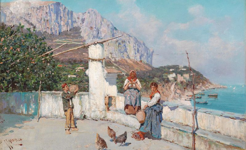 Landscape of twilight over the coastline, oil painting by Giuseppe Giardiello