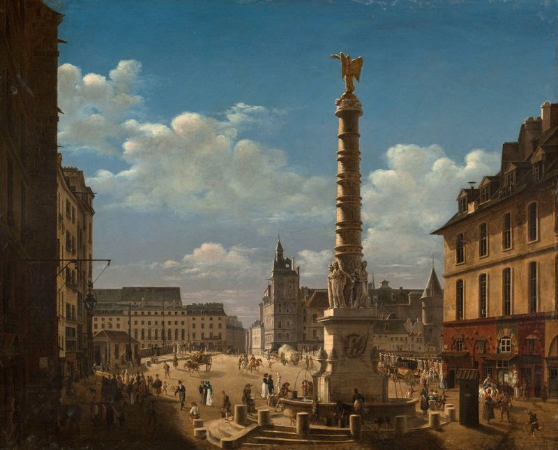 La place et la fontaine du Châtelet by Etienne Bouhot, oil on canvas depicting a fountain and cobblestones.
