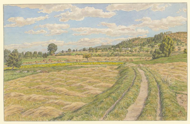 Litografia de paisagem de Henri Rivière com reflexos na água e tons suaves de azul.