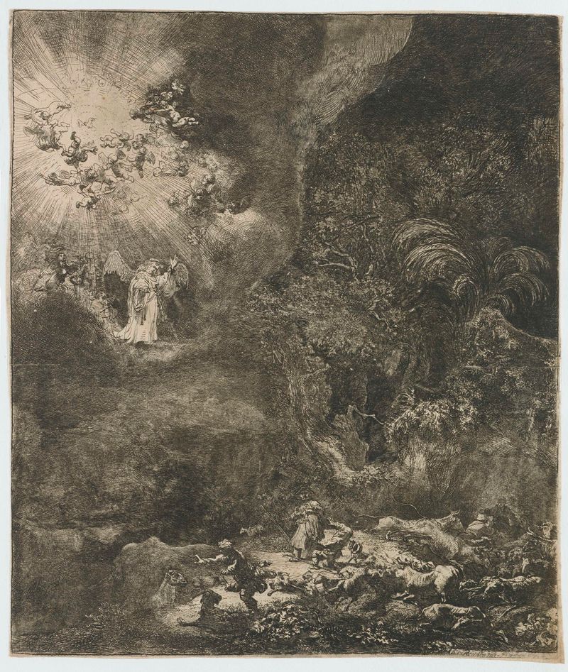 Grabado de Rembrandt van Rijn que muestra un ángel y pastores en luz divina