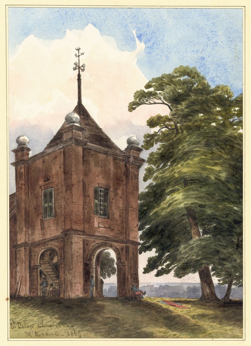 Tower of St. Peter’s Church Va by William McIlvaine, oil on canvas, featuring a church spire and stormy sky.