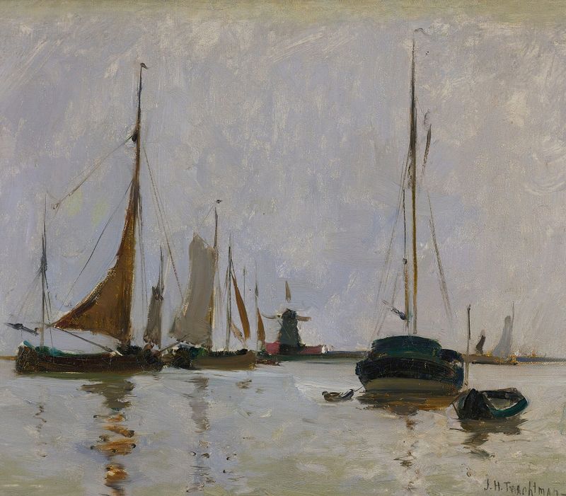 Quiet Harbor, Holland de John Henry Twachtman, pintura a óleo de um porto tranquilo com barcos e água cintilante