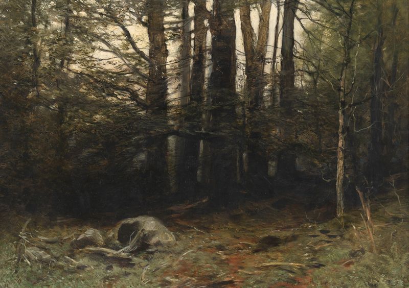 Lainzer Tiergarten by August Schaeffer von Wienwald, oil on canvas depicting a serene forest scene.