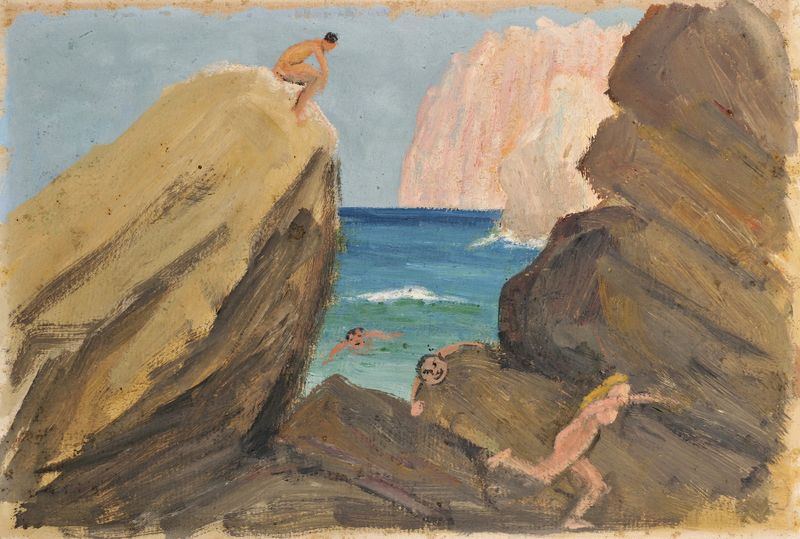 Pursuit at a Rocky Coastal Line de Ernst Schiess, óleo sobre tela mostrando ondas tumultuosas e costa rochosa.