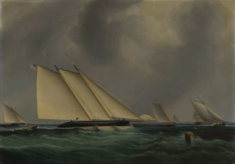 Yacht Race pintura al óleo de James E. Buttersworth con dos yates compitiendo en un mar tormentoso.