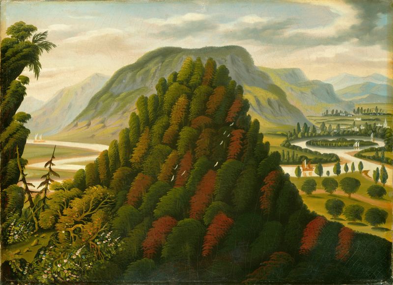 The Connecticut Valley de Thomas Chambers, óleo sobre lienzo que muestra un río tranquilo en un paisaje sereno.