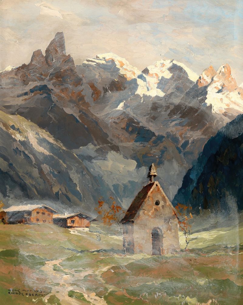 Paisagem com uma casa de fazenda iluminada pela luz do sol, óleo de Hans Maurus
