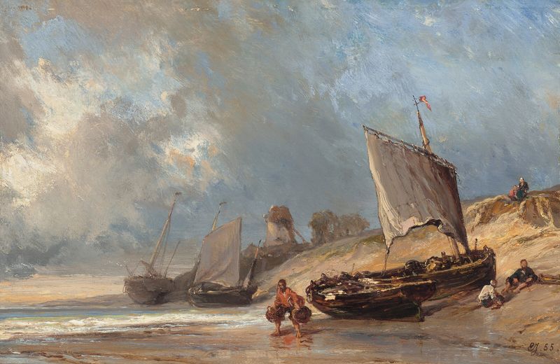 Pêcheurs à marée basse de Eugène Isabey, pintura a óleo que retrata pescadores na maré baixa.