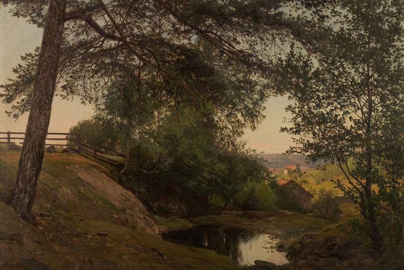 Oil on canvas by Amaldus Nielsen depicting a serene forest path with dappled light.