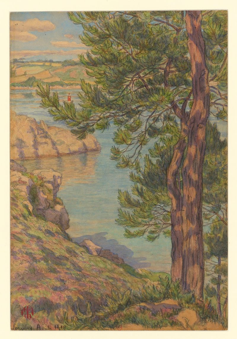 Litografía de Henri Rivière que representa aguas tranquilas con azules y verdes fluidos