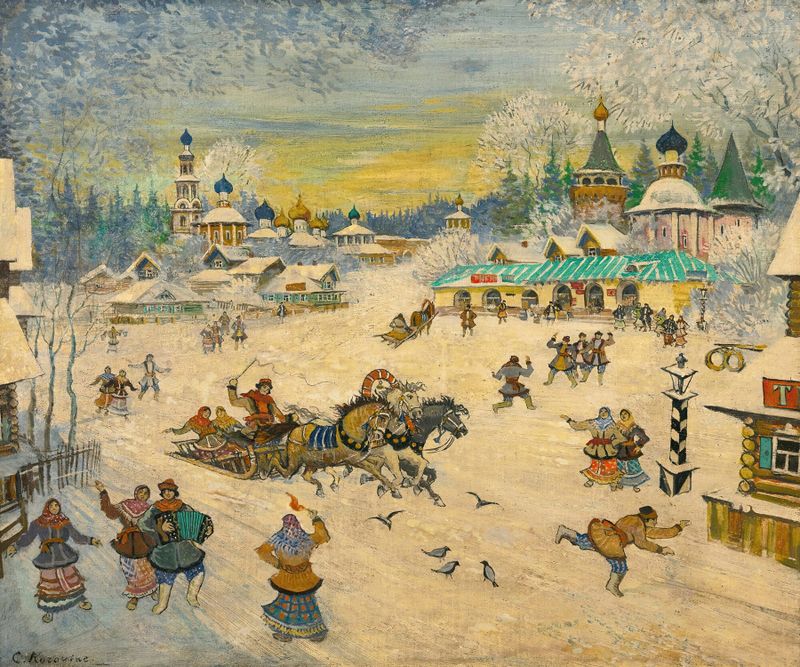 Town Square de Konstantin Alexeevich Korovin, óleo sobre lienzo que muestra una plaza animada con luz solar.