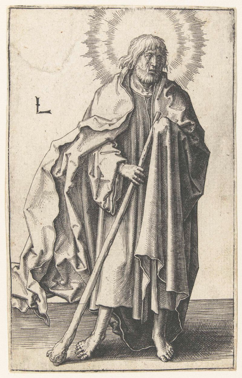 Grabado de Lucas van Leyden que representa al apóstol Jakobus Minor en ricos ropajes