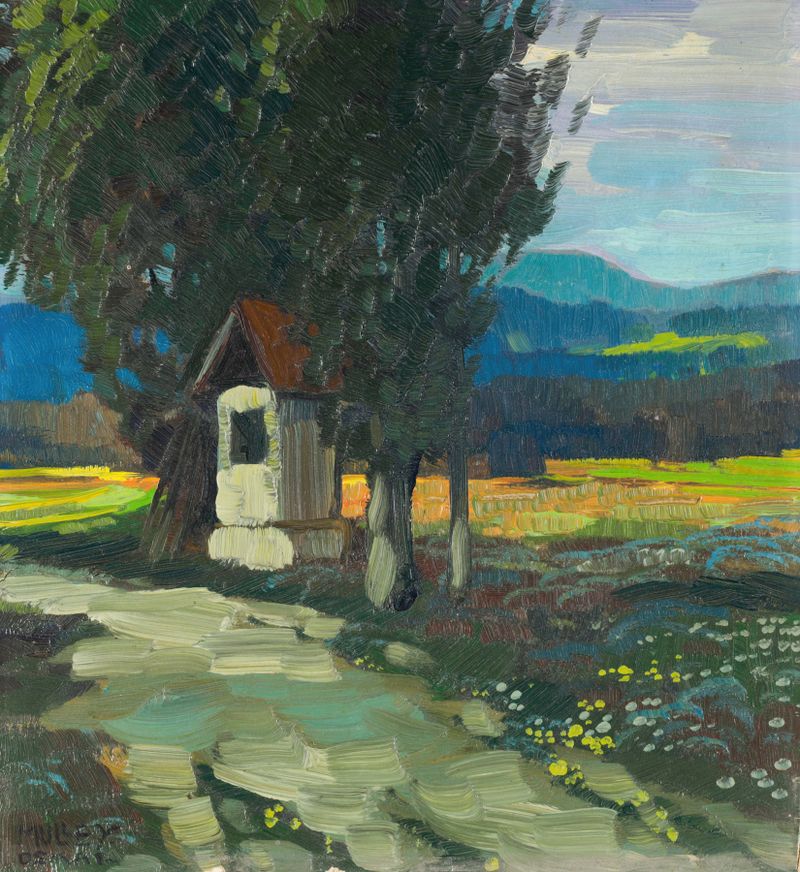 Marterl am Wegesrand by Oskar Mulley, impressionism landscape with shadows and light.