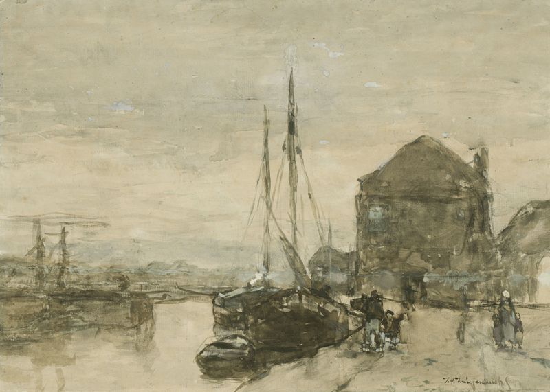 Landscape with buildings and water by Johan Hendrik Weissenbruch, oil painting, after 1865.