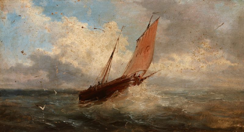 Escena marina con un barco en el mar de Jules Coignet, pintura al óleo
