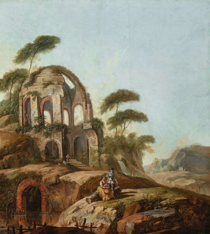 Paisagem com as ruínas do Templo de Minerva Medica em Roma, óleo sobre tela de Jean-Baptiste Pillement