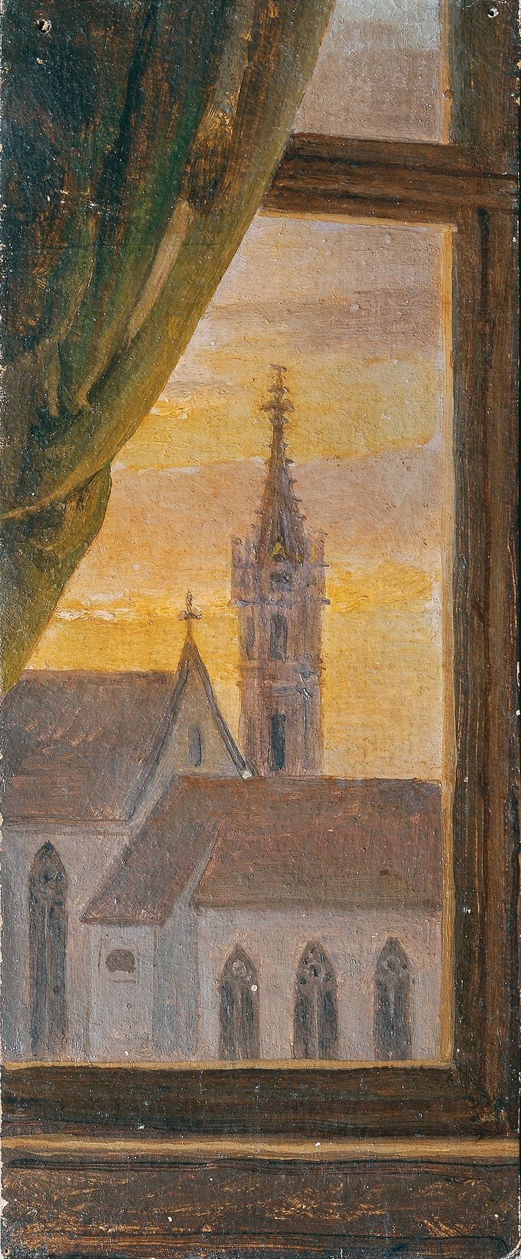 Landscape oil painting by Johann Peter Krafft featuring a gothic tower seen through a window.