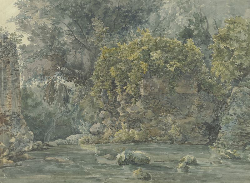 Paisaje con árboles retorcidos y ruinas, óleo sobre lienzo de Jacob Philipp Hackert